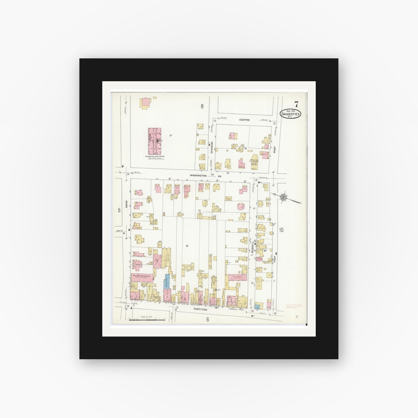 Old map wall art mockup — black gallery frame with white mat — Sanborn Fire Insurance Map from Saugerties, Ulster County, New York (1912), Sheet #0007