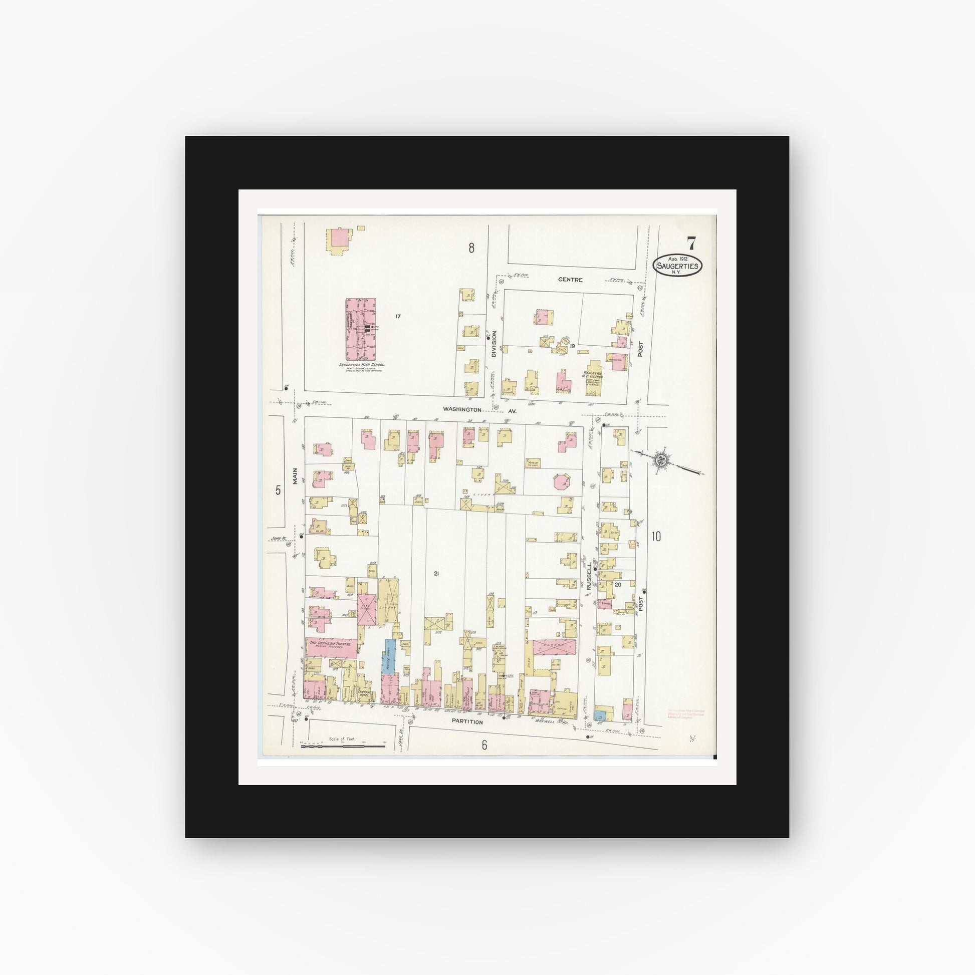 Old map wall art mockup — black gallery frame with white mat — Sanborn Fire Insurance Map from Saugerties, Ulster County, New York (1912), Sheet #0007