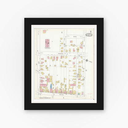 Old map wall art mockup — black gallery frame with white mat — Sanborn Fire Insurance Map from Saugerties, Ulster County, New York (1912), Sheet #0007