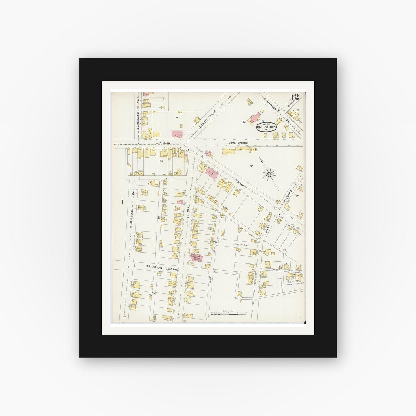 Old map wall art mockup — black gallery frame with white mat — Sanborn Fire Insurance Map from Uniontown, Fayette County, Pennsylvania (1896), Sheet #0012
