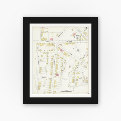 Old map wall art mockup — black gallery frame with white mat — Sanborn Fire Insurance Map from Uniontown, Fayette County, Pennsylvania (1896), Sheet #0012