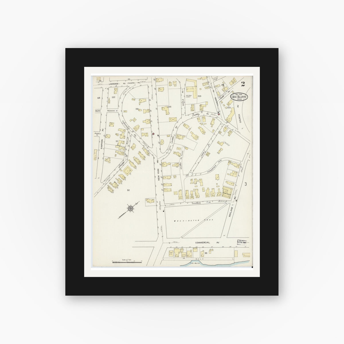 Old map wall art mockup — black gallery frame with white mat — Sanborn Fire Insurance Map from Oak Bluffs, Dukes County, Massachusetts (1914), Sheet #0002