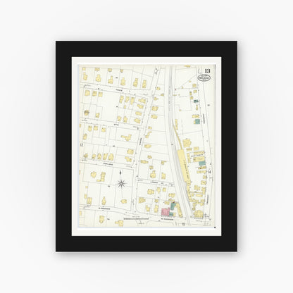 Old map wall art mockup — black gallery frame with white mat — Sanborn Fire Insurance Map from Melrose, Middlesex County, Massachusetts (1909), Sheet #0013