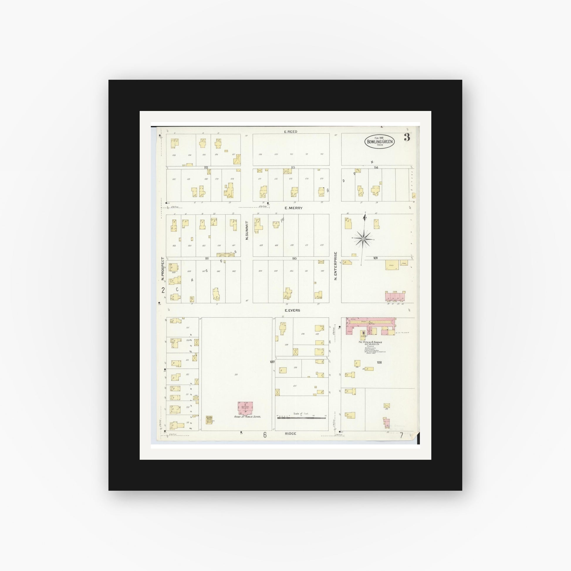 Old map wall art mockup — black gallery frame with white mat — Sanborn Fire Insurance Map from Bowling Green, Wood County, Ohio (1908), Sheet #0003
