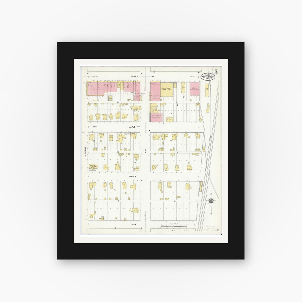 Old map wall art mockup — black gallery frame with white mat — Sanborn Fire Insurance Map from Whitewright, Grayson County, Texas (1911), Sheet #0005