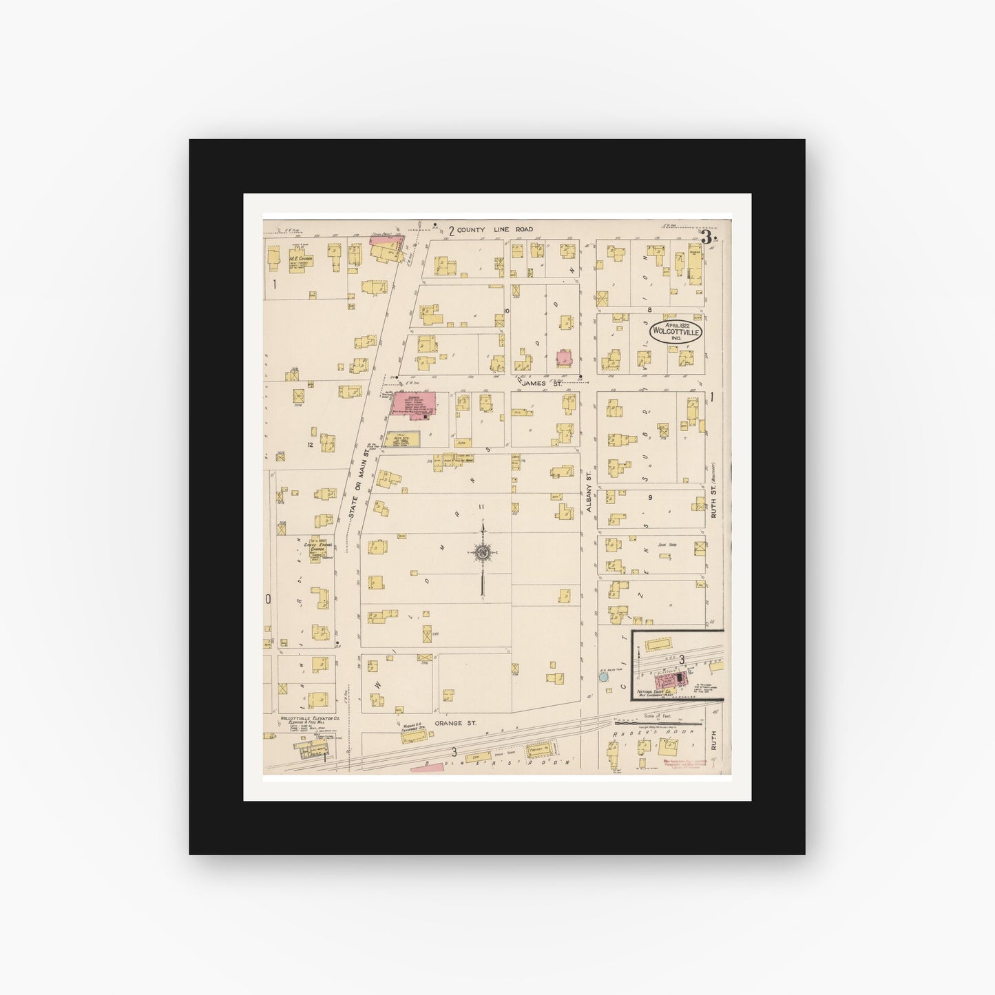 Old map wall art mockup — black gallery frame with white mat — Sanborn Fire Insurance Map from Wolcottville, Noble And LaGrange Counties, Indiana (1922), Sheet #0003