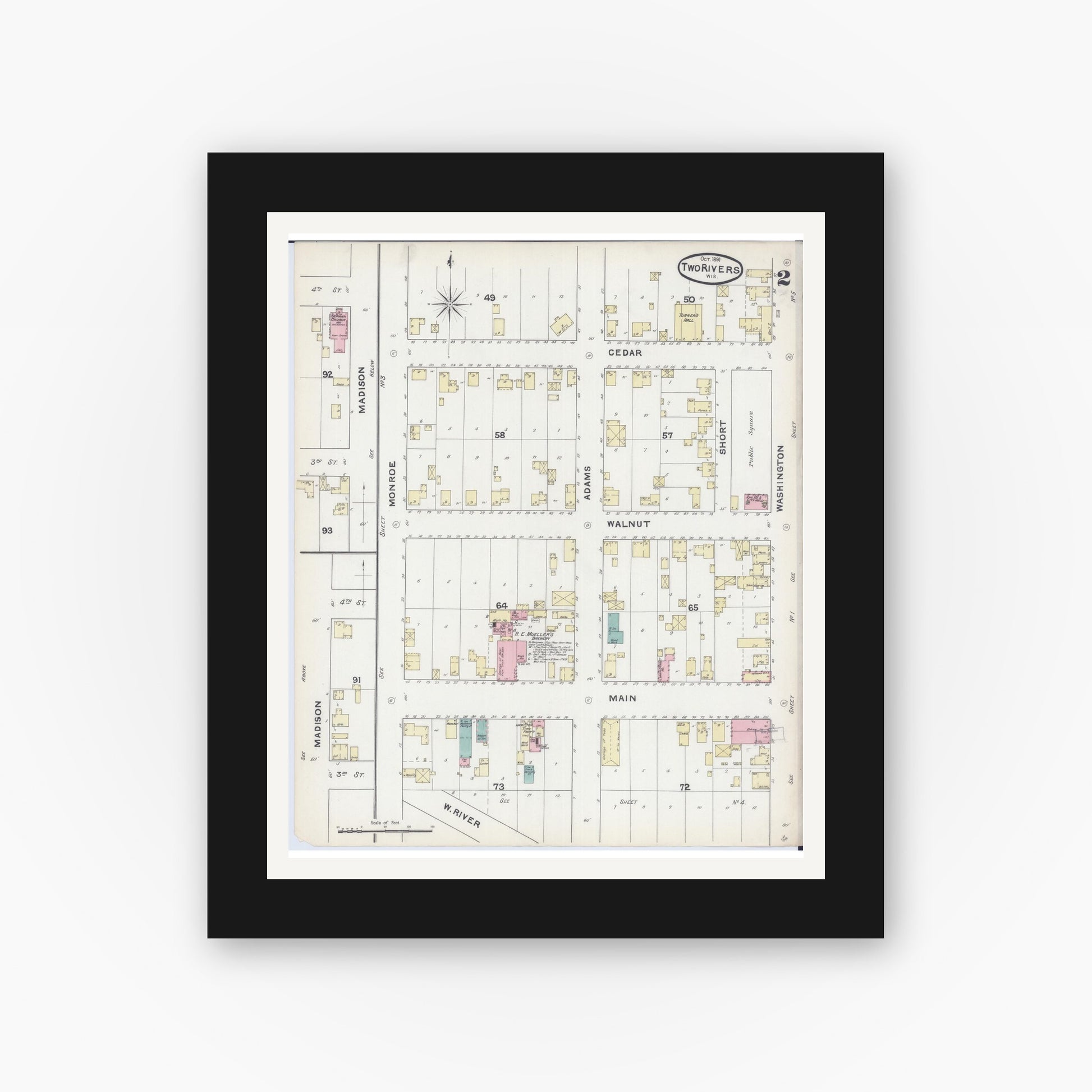 Old map wall art mockup — black gallery frame with white mat — Sanborn Fire Insurance Map from Two Rivers, Manitowoc County, Wisconsin (1891), Sheet #0002