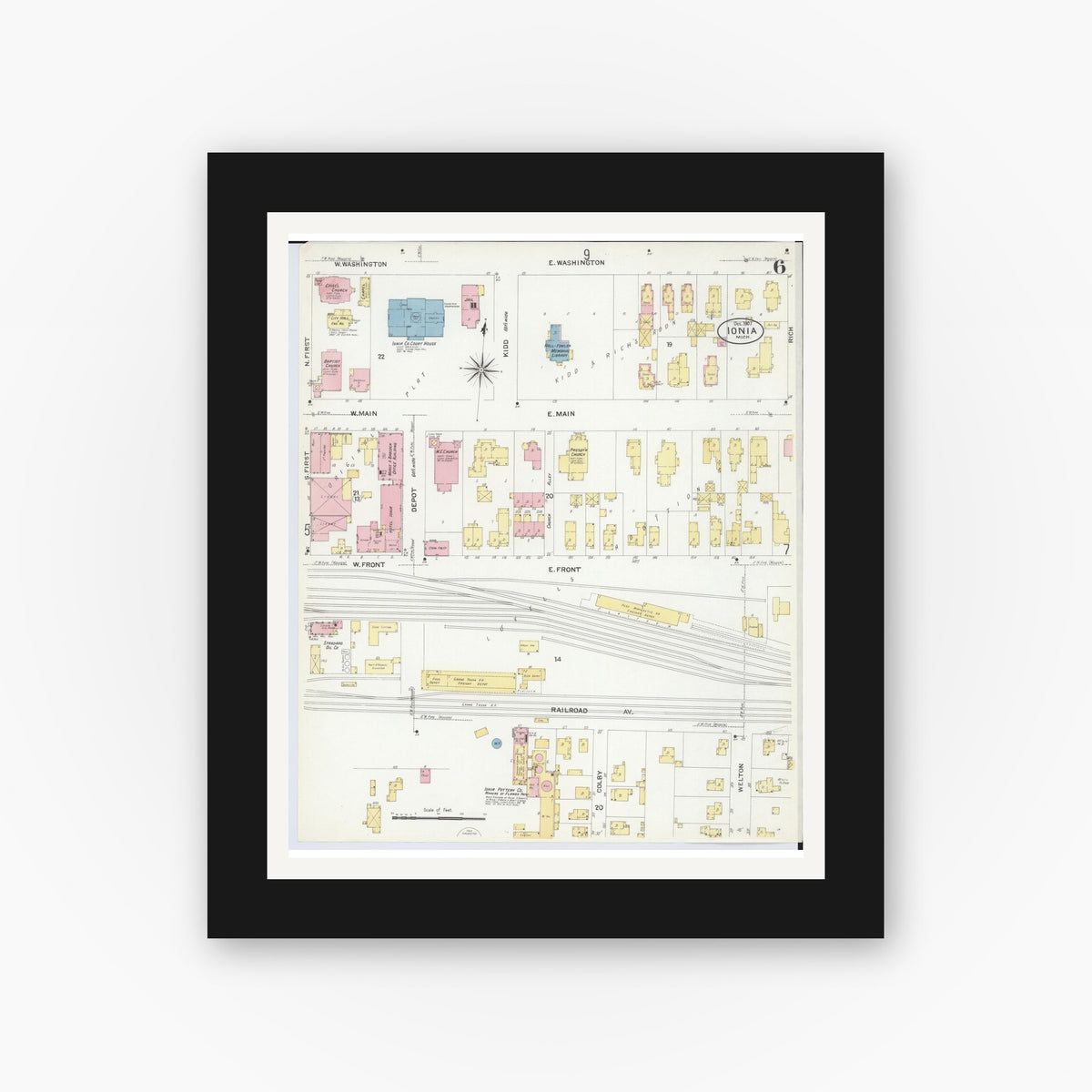 Old map wall art mockup — black gallery frame with white mat — Sanborn Fire Insurance Map from Ionia, Ionia County, Michigan (1907), Sheet #0006
