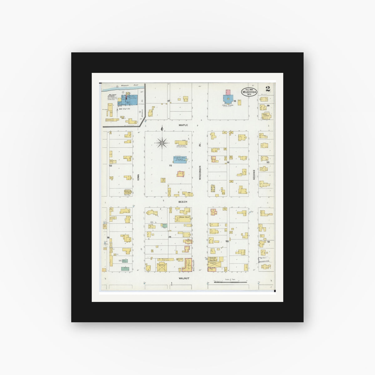 Old map wall art mockup — black gallery frame with white mat — Sanborn Fire Insurance Map from Muscoda, Grant County, Wisconsin (1904), Sheet #0002