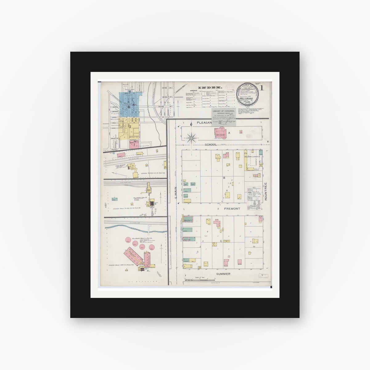 Old map wall art mockup — black gallery frame with white mat — Sanborn Fire Insurance Map from Hillsboro, Montgomery County, Illinois (1893) - Complete Map Set