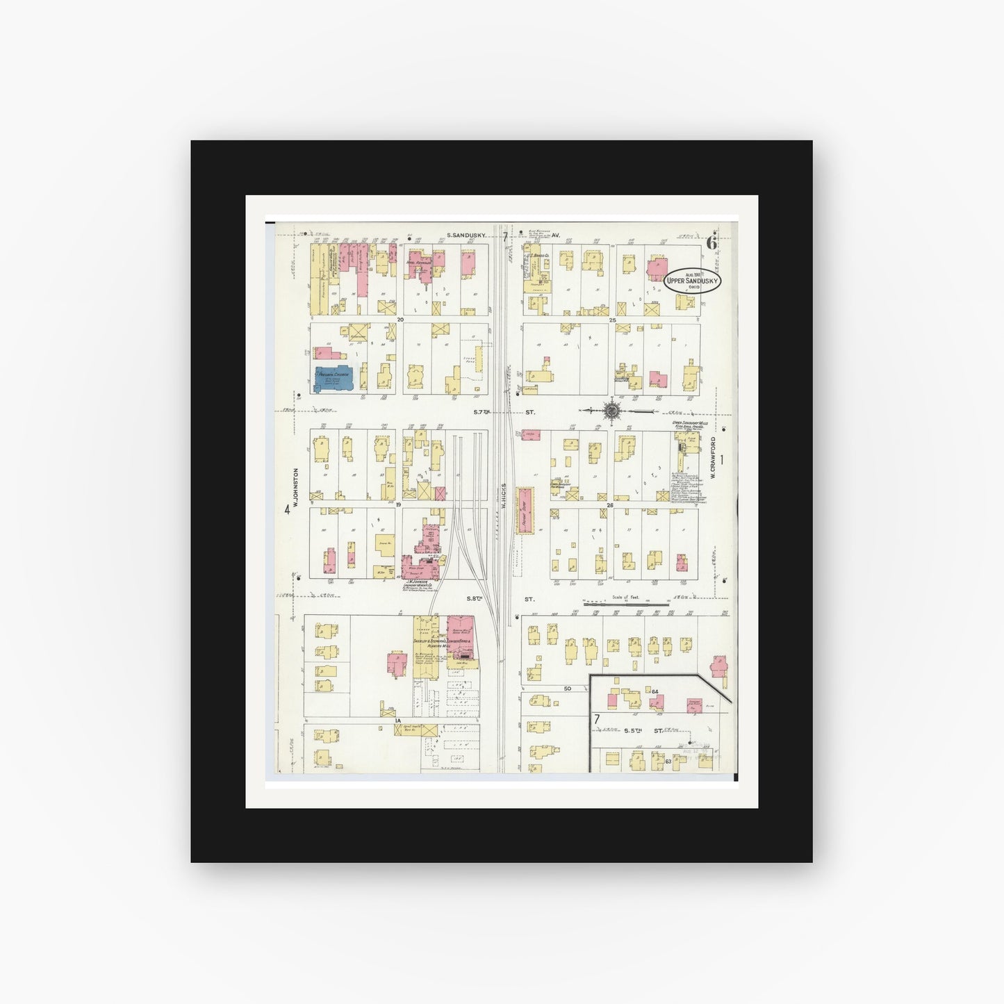 Old map wall art mockup — black gallery frame with white mat — Sanborn Fire Insurance Map from Upper Sandusky, Wyandot County, Ohio (1911), Sheet #0006