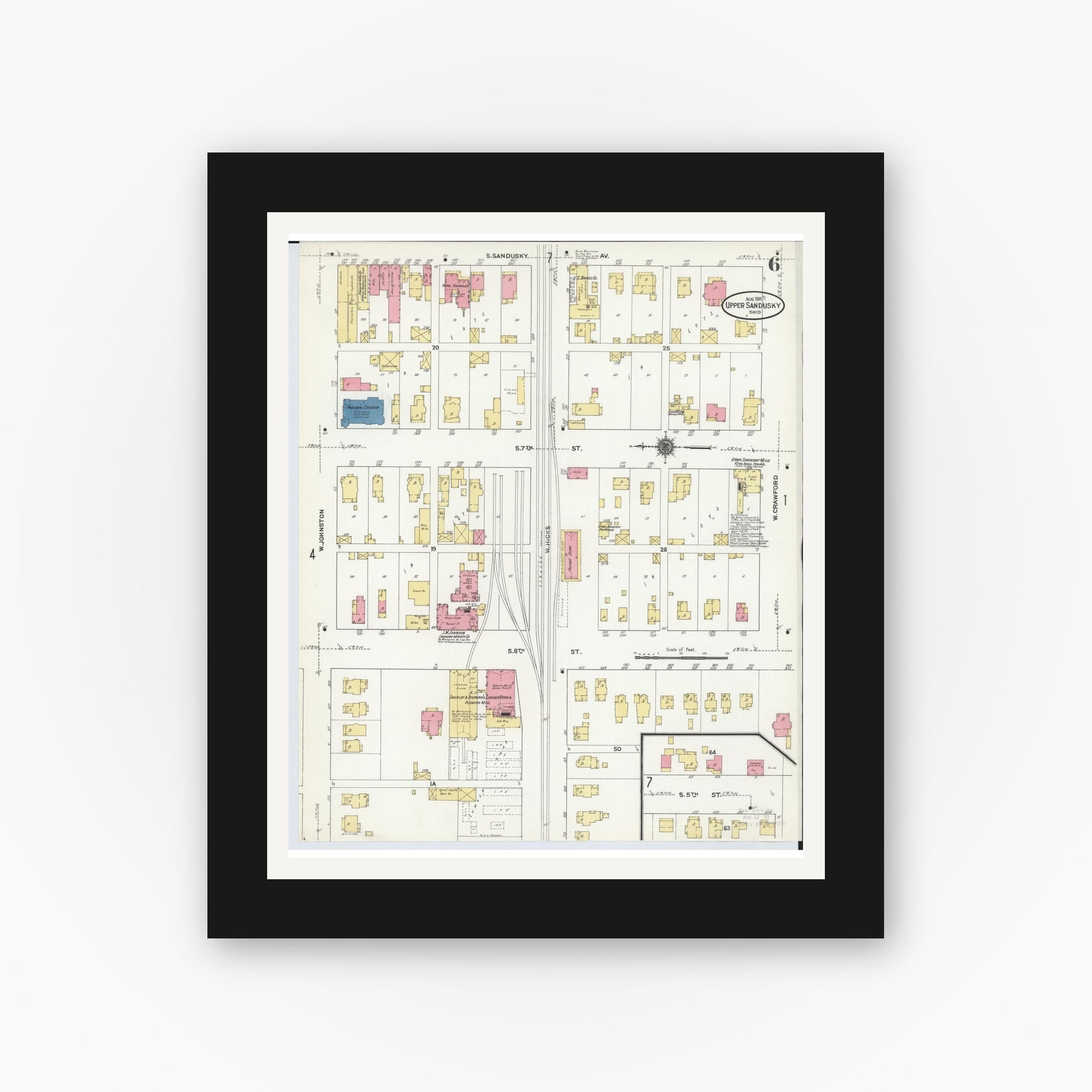 Old map wall art mockup — black gallery frame with white mat — Sanborn Fire Insurance Map from Upper Sandusky, Wyandot County, Ohio (1911), Sheet #0006