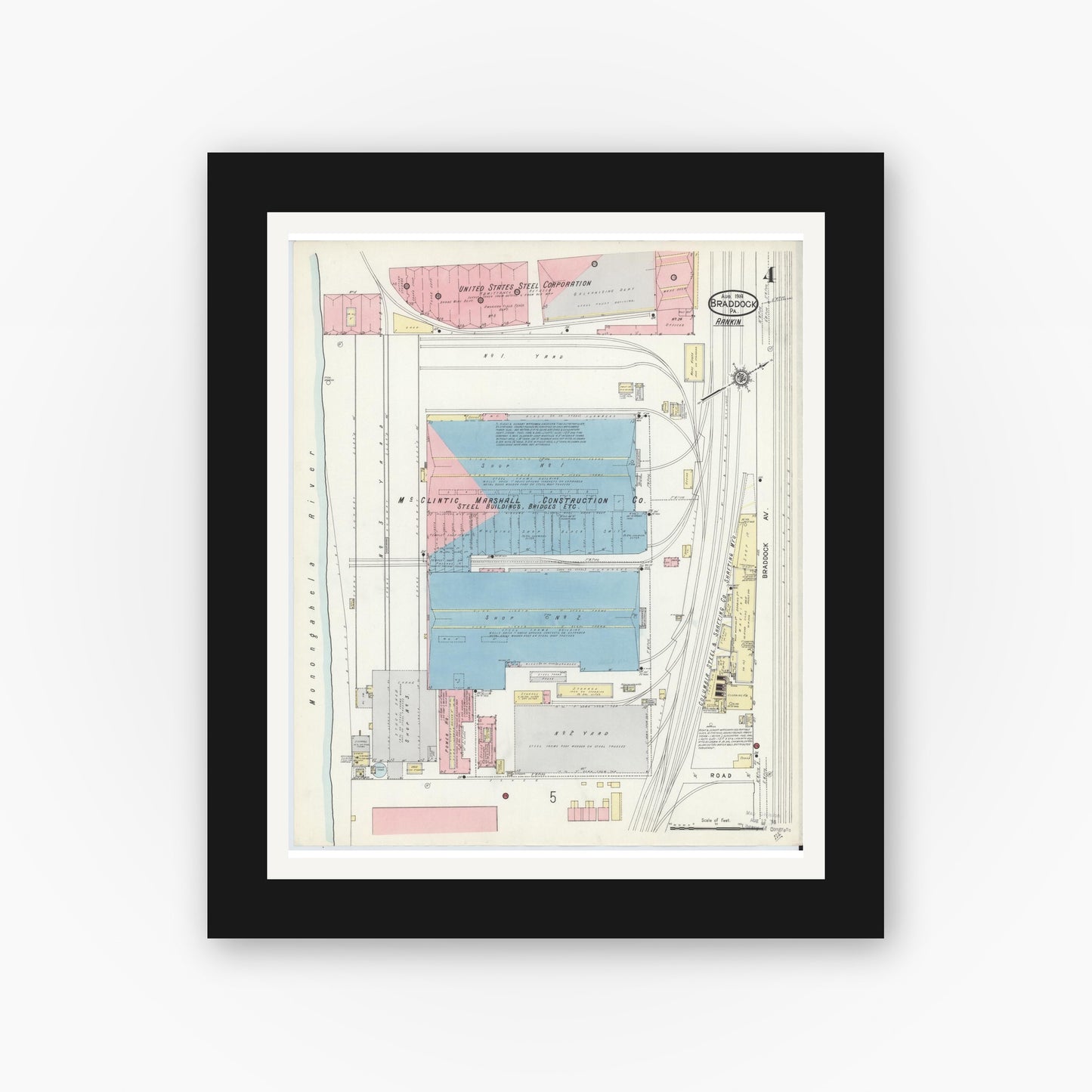 Old map wall art mockup — black gallery frame with white mat — Sanborn Fire Insurance Map from Braddock, Allegheny County, Pennsylvania (1914), Sheet #0004