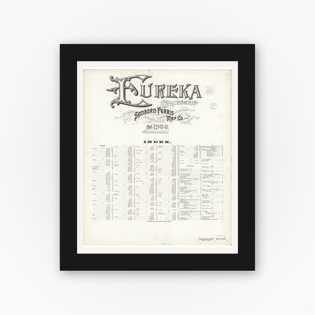 Old map wall art mockup — black gallery frame with white mat — Sanborn Fire Insurance Map from Eureka, Humboldt County, California (1900), Sheet #0001