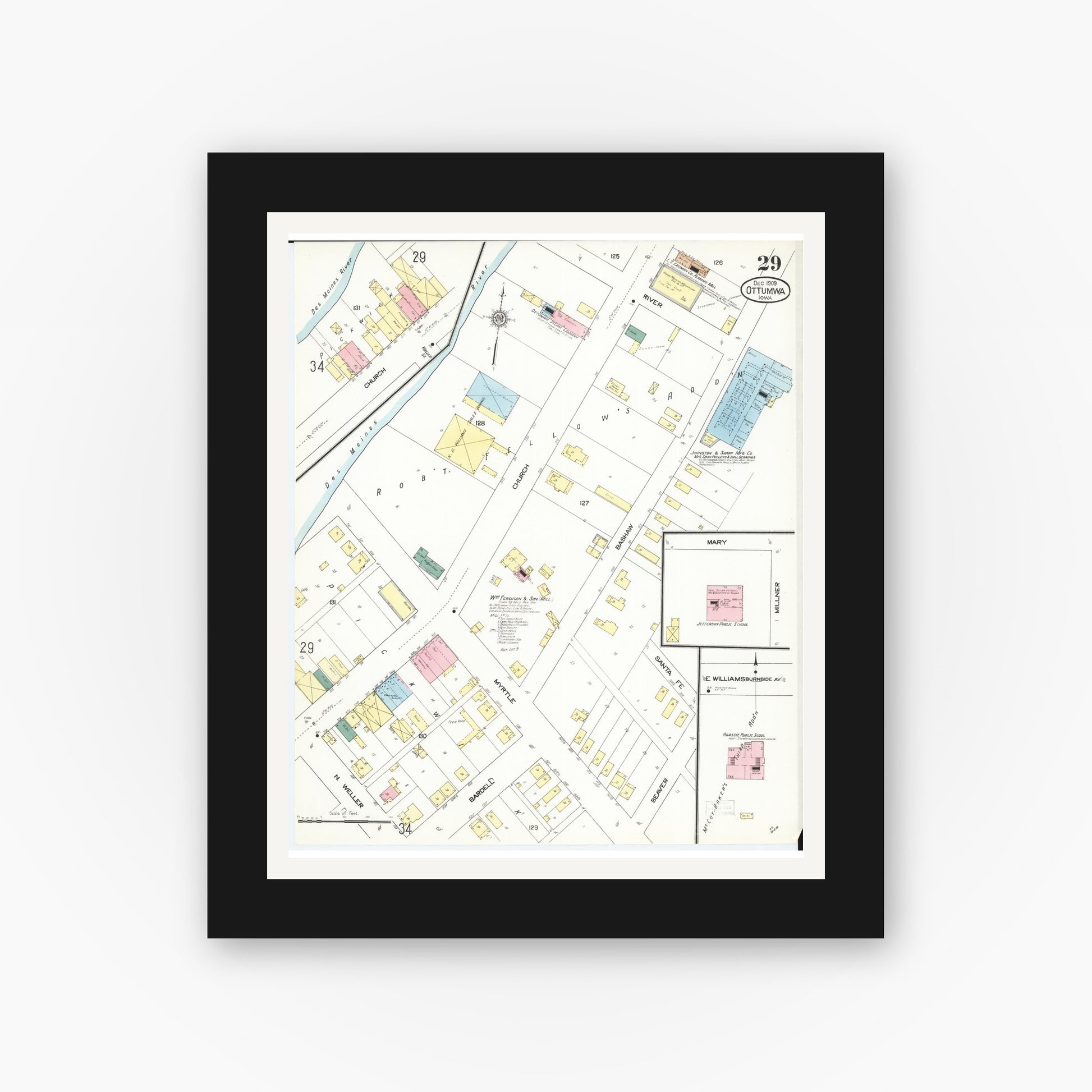 Old map wall art mockup — black gallery frame with white mat — Sanborn Fire Insurance Map from Ottumwa, Wapello County, Iowa (1909), Sheet #0029