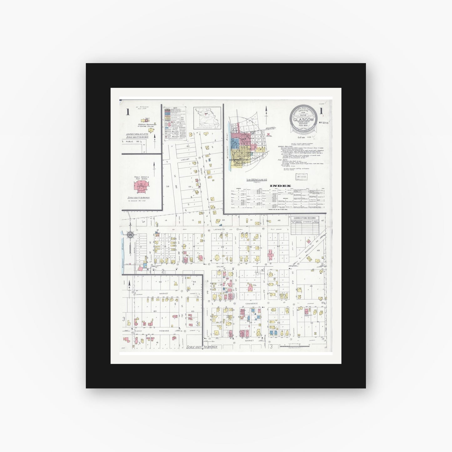 Old map wall art mockup — black gallery frame with white mat — Sanborn Fire Insurance Map from Glasgow, Howard County, Missouri (1935), Sheet #0001