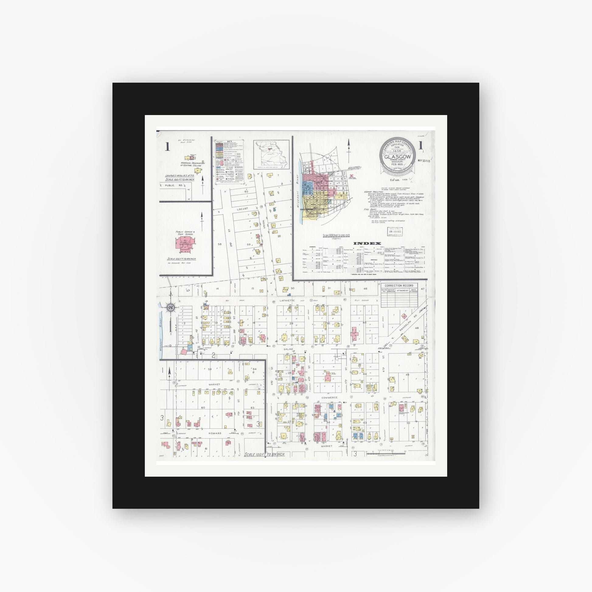 Old map wall art mockup — black gallery frame with white mat — Sanborn Fire Insurance Map from Glasgow, Howard County, Missouri (1935), Sheet #0001