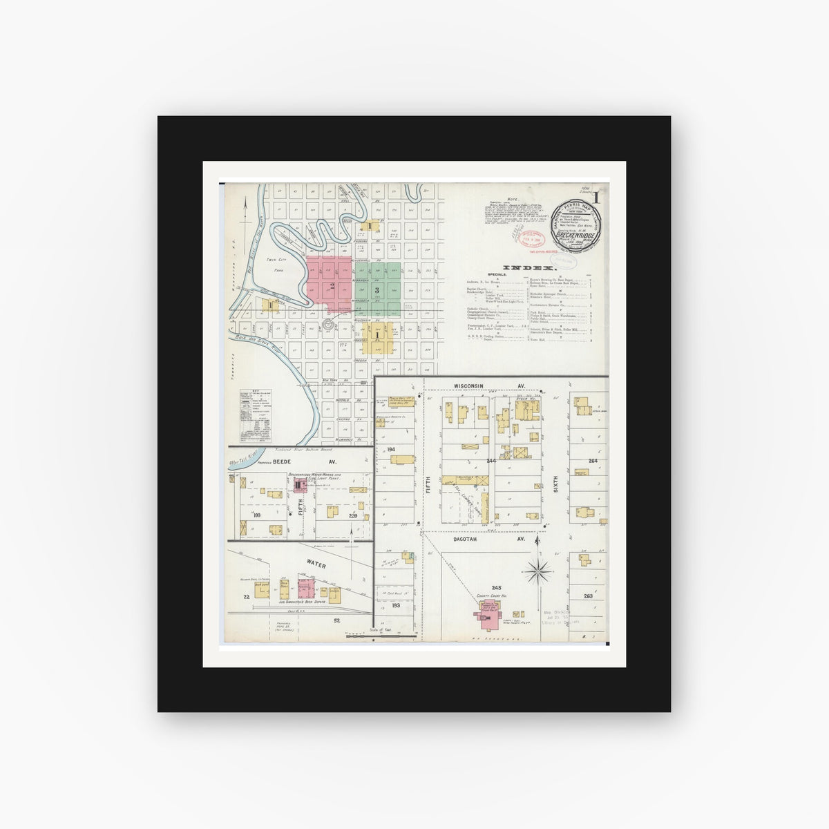 Old map wall art mockup — black gallery frame with white mat — Sanborn Fire Insurance Map from Breckenridge, Wilkin County, Minnesota (1898) - Complete Map Set