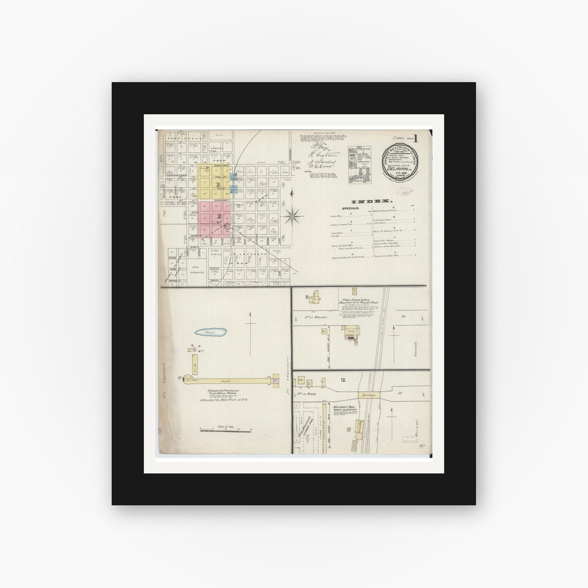 Old map wall art mockup — black gallery frame with white mat — Sanborn Fire Insurance Map from Delavan, Tazewell County, Illinois (1888) - Complete Map Set