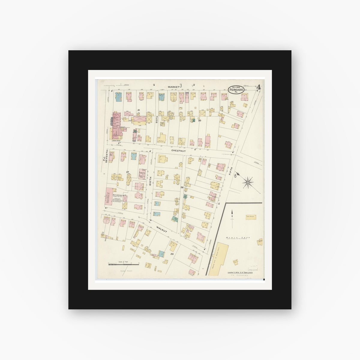 Old map wall art mockup — black gallery frame with white mat — Sanborn Fire Insurance Map from Perkasie, Bucks County, Pennsylvania (1908), Sheet #0004