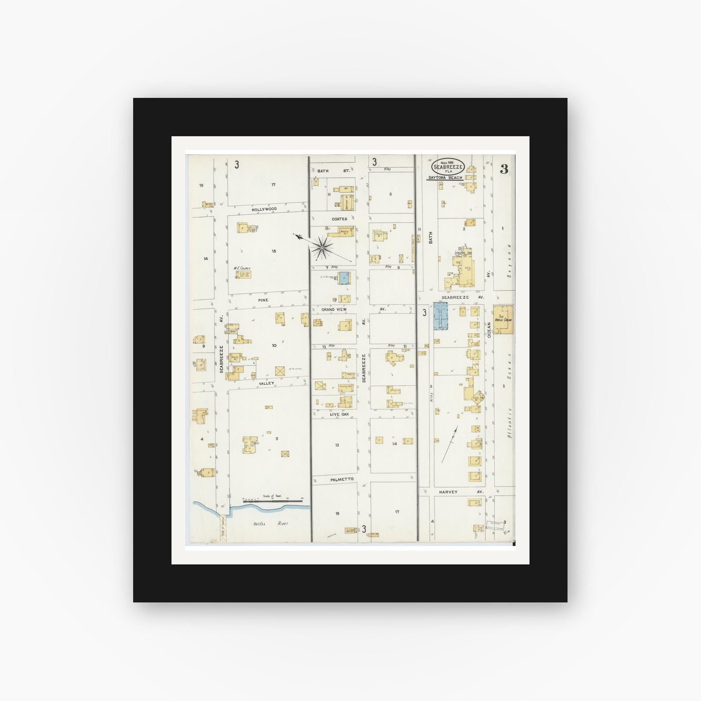 Old map wall art mockup — black gallery frame with white mat — Sanborn Fire Insurance Map from Seabreeze, Volusia County, Florida (1906), Sheet #0003