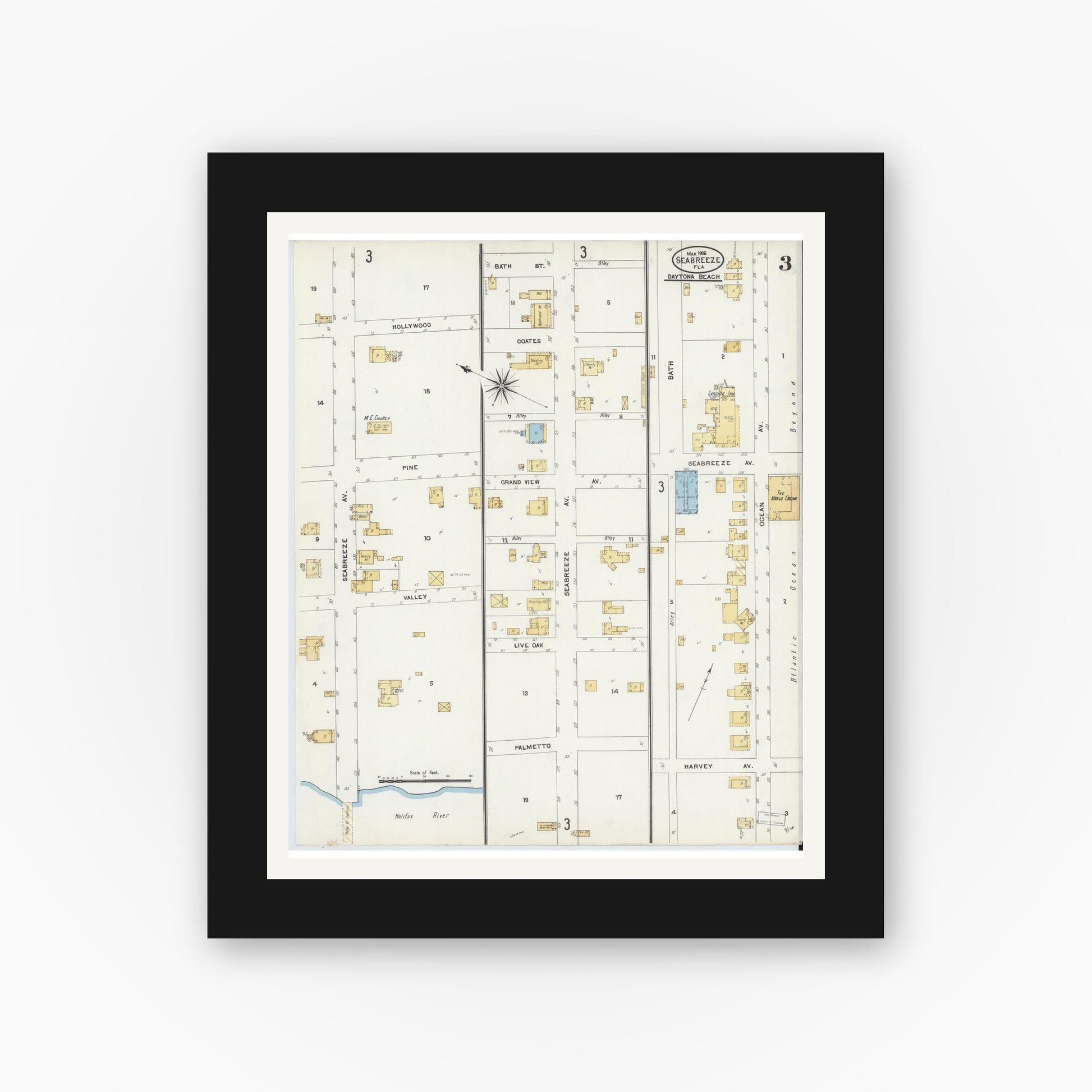 Old map wall art mockup — black gallery frame with white mat — Sanborn Fire Insurance Map from Seabreeze, Volusia County, Florida (1906), Sheet #0003