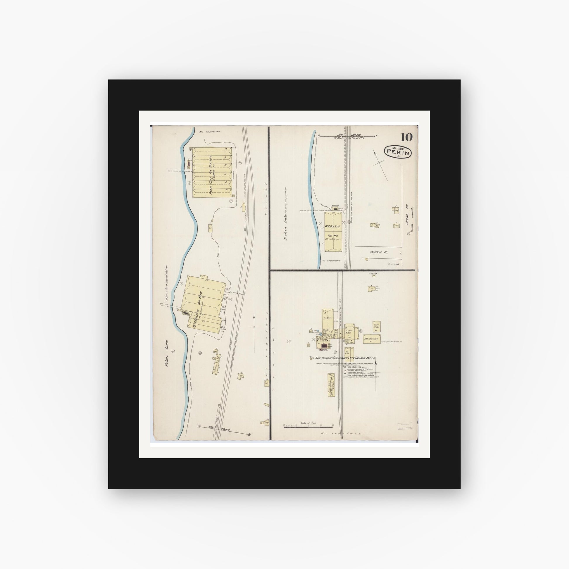 Old map wall art mockup — black gallery frame with white mat — Sanborn Fire Insurance Map from Pekin, Tazewell County, Illinois (1885), Sheet #0010