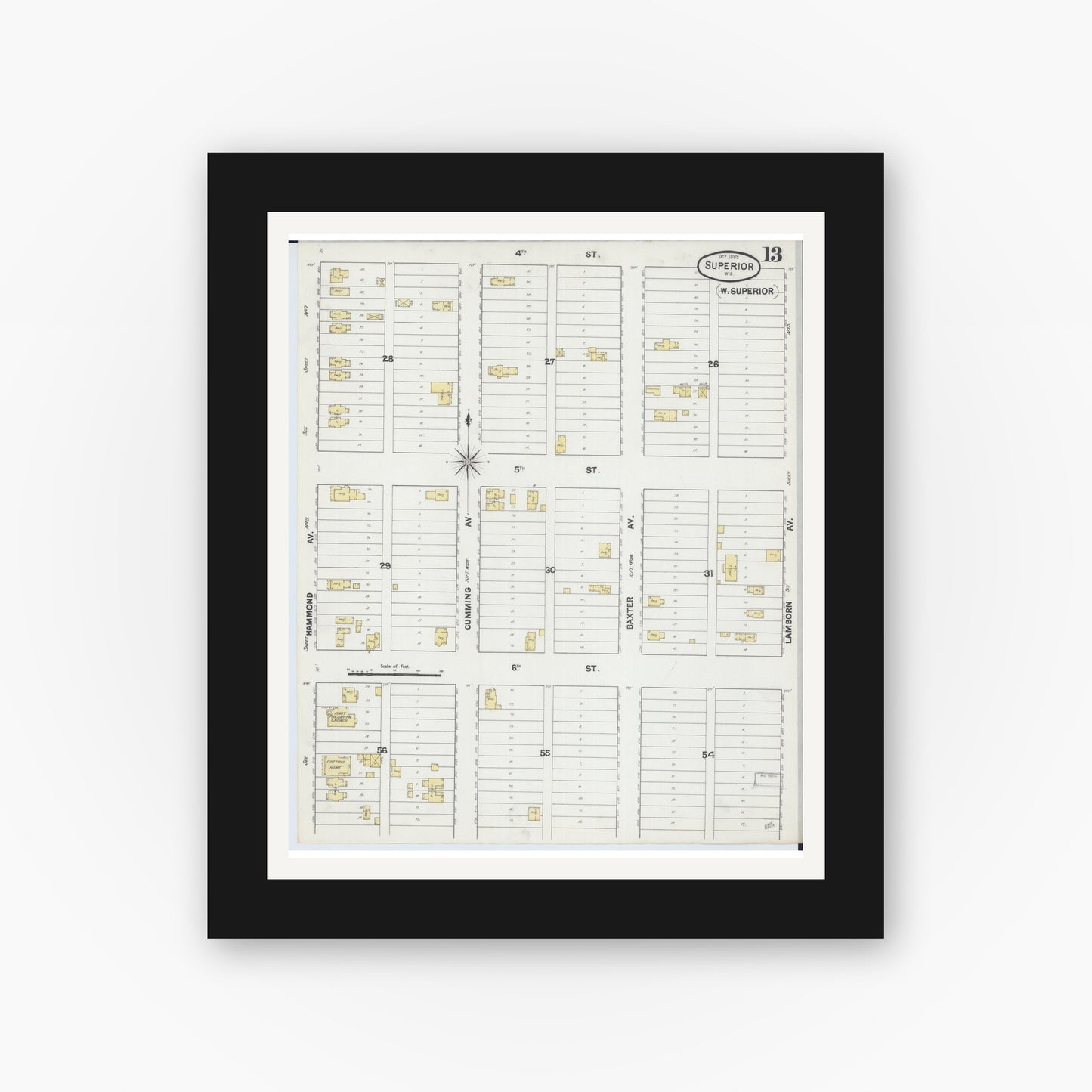 Old map wall art mockup — black gallery frame with white mat — Sanborn Fire Insurance Map from Superior, Douglas County, Wisconsin (1889), Sheet #0013