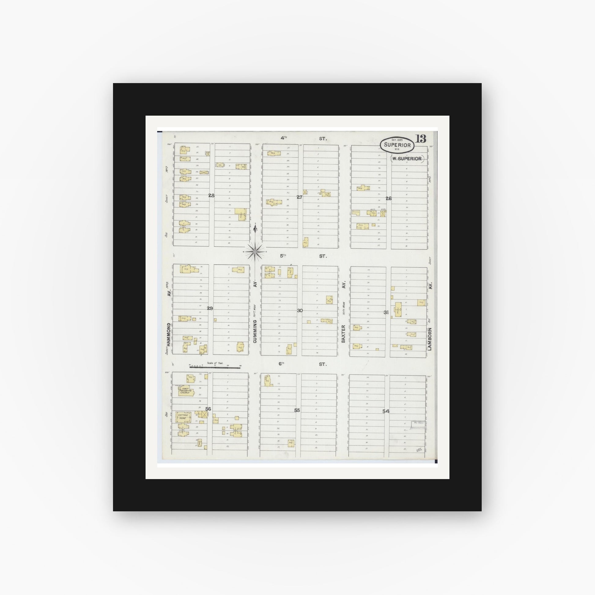 Old map wall art mockup — black gallery frame with white mat — Sanborn Fire Insurance Map from Superior, Douglas County, Wisconsin (1889), Sheet #0013