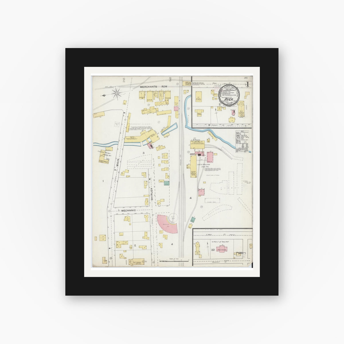 Old map wall art mockup — black gallery frame with white mat — Sanborn Fire Insurance Map from Ayer, Middlesex County, Massachusetts (1892), Sheet #0001