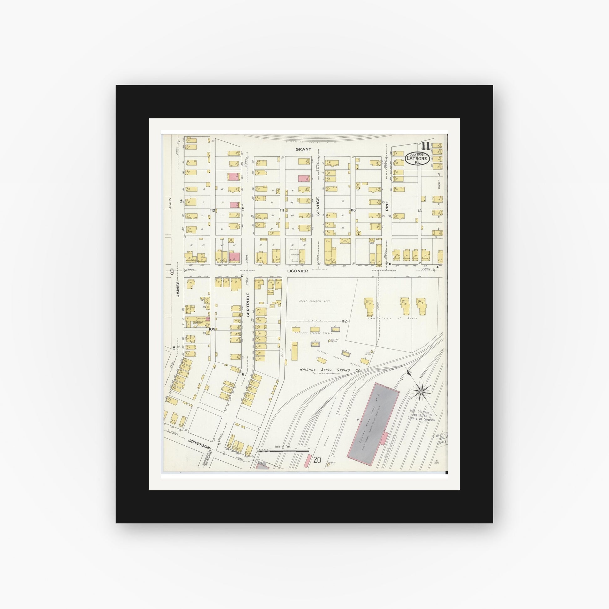 Old map wall art mockup — black gallery frame with white mat — Sanborn Fire Insurance Map from Latrobe, Westmoreland County, Pennsylvania (1909), Sheet #0011