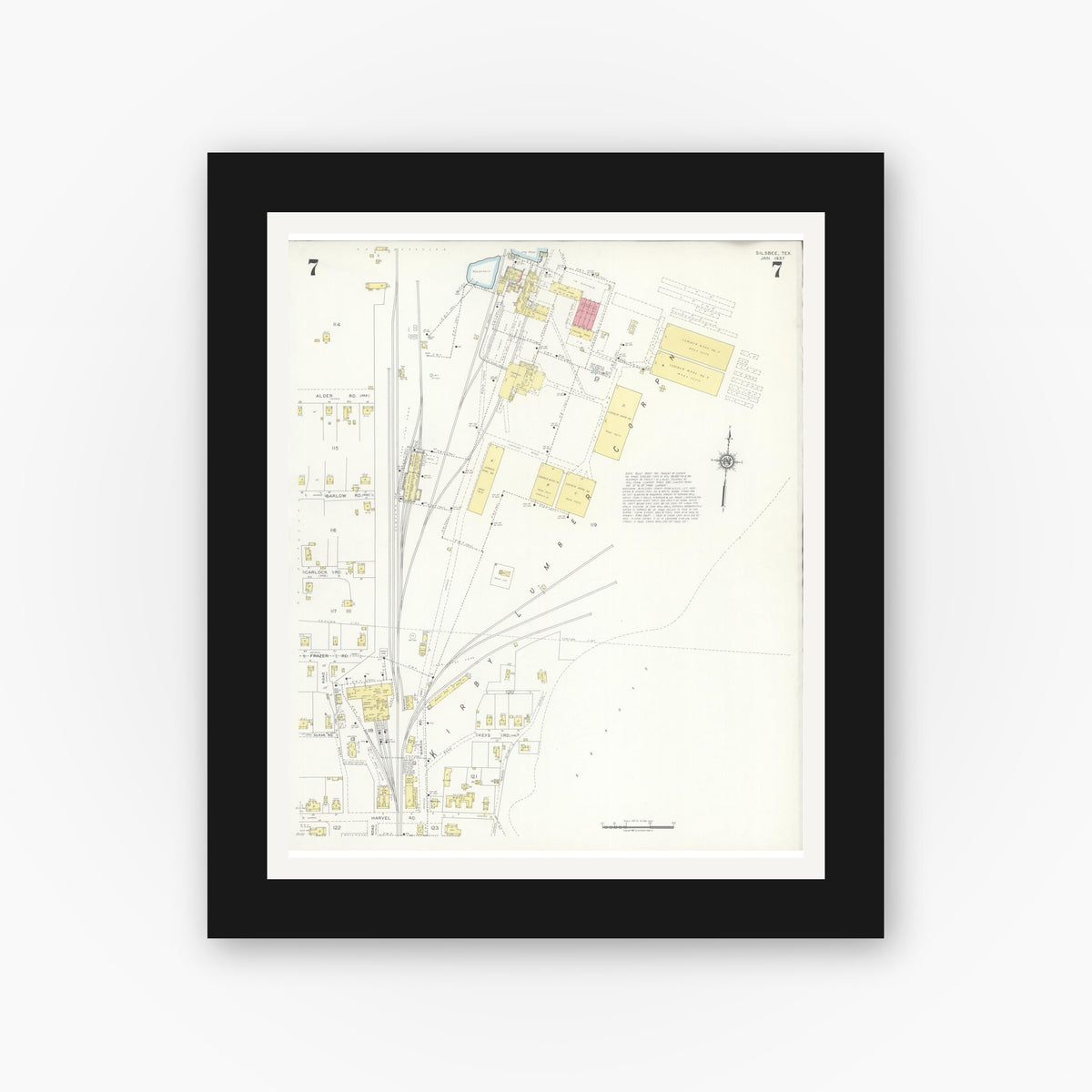 Old map wall art mockup — black gallery frame with white mat — Sanborn Fire Insurance Map from Silsbee, Hardin County, Texas (1937), Sheet #0007