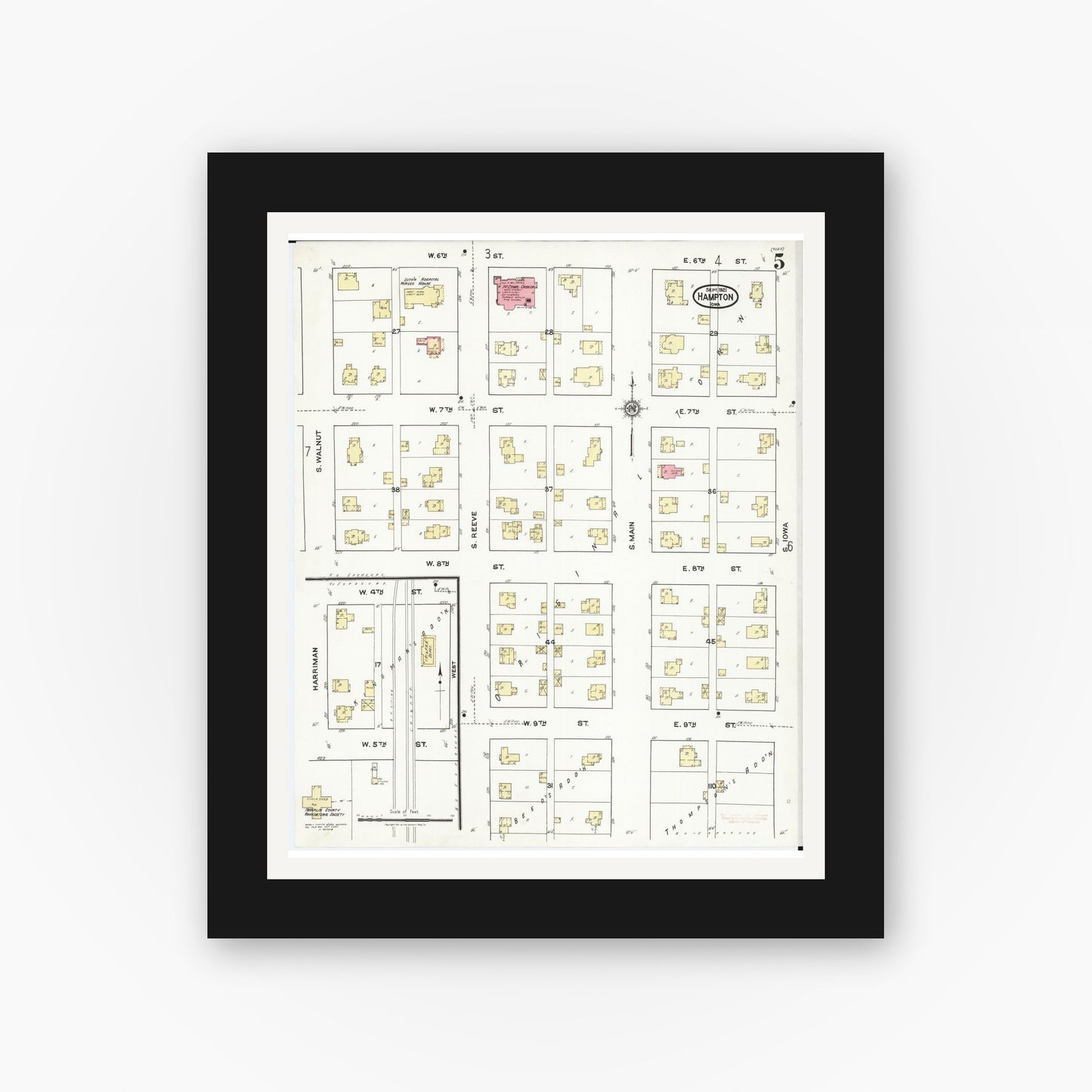 Old map wall art mockup — black gallery frame with white mat — Sanborn Fire Insurance Map from Hampton, Franklin County, Iowa (1921), Sheet #0005