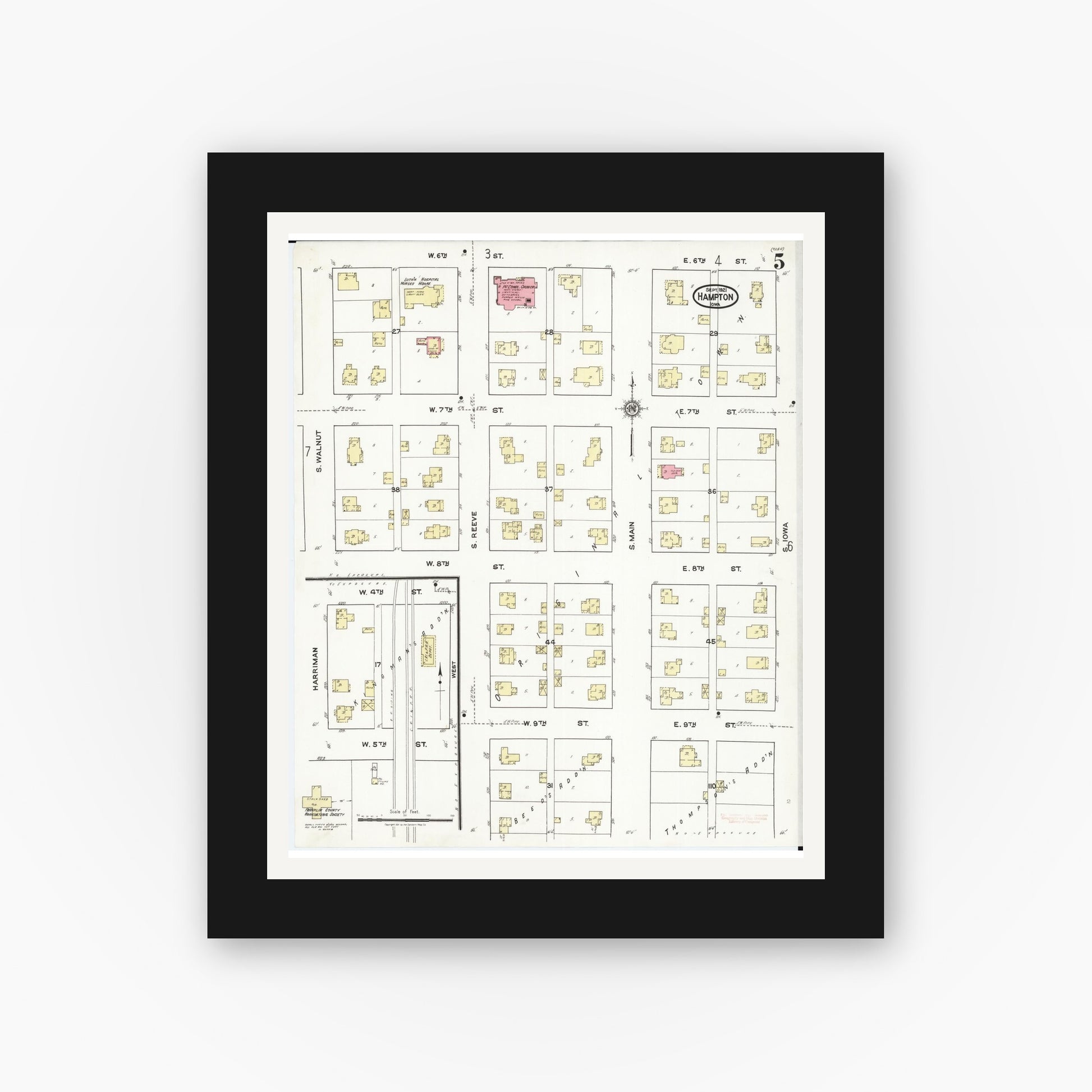 Old map wall art mockup — black gallery frame with white mat — Sanborn Fire Insurance Map from Hampton, Franklin County, Iowa (1921), Sheet #0005
