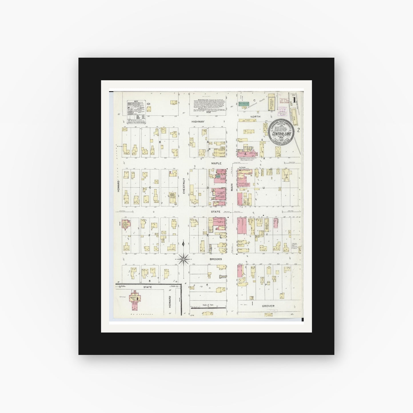 Old map wall art mockup — black gallery frame with white mat — Sanborn Fire Insurance Map from Central Lake, Antrim County, Michigan (1907) - Complete Map Set