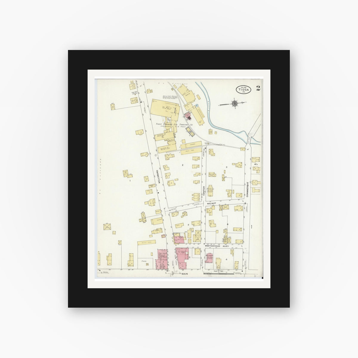 Old map wall art mockup — black gallery frame with white mat — Sanborn Fire Insurance Map from Tioga, Tioga County, Pennsylvania (1911), Sheet #0002