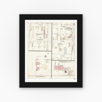 Old map wall art mockup — black gallery frame with white mat — Sanborn Fire Insurance Map from Oskaloosa, Mahaska County, Iowa (1885), Sheet #0005