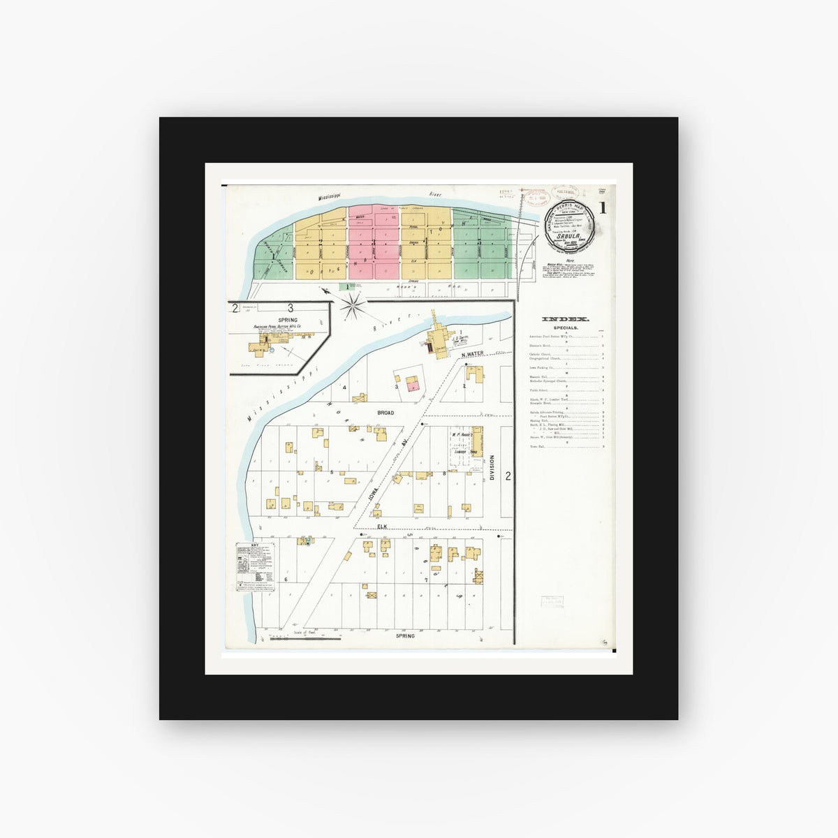 Old map wall art mockup — black gallery frame with white mat — Sanborn Fire Insurance Map from Sabula, Jackson County, Iowa (1899) â€” Complete Set
