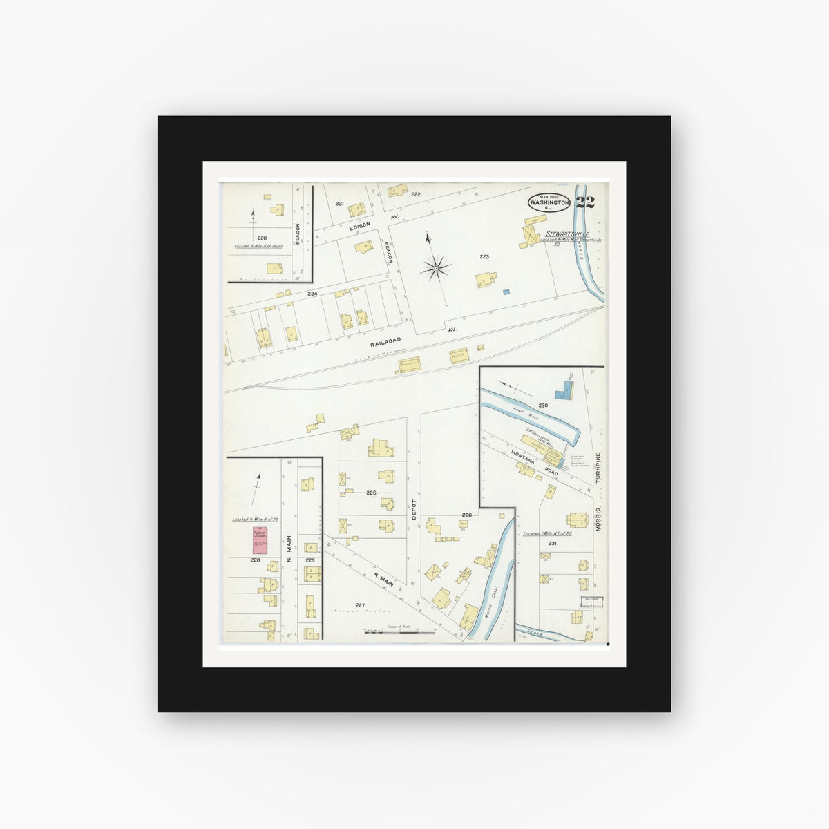 Old map wall art mockup — black gallery frame with white mat — Sanborn Fire Insurance Map from Washington, Warren County, New Jersey (1909), Sheet #0022