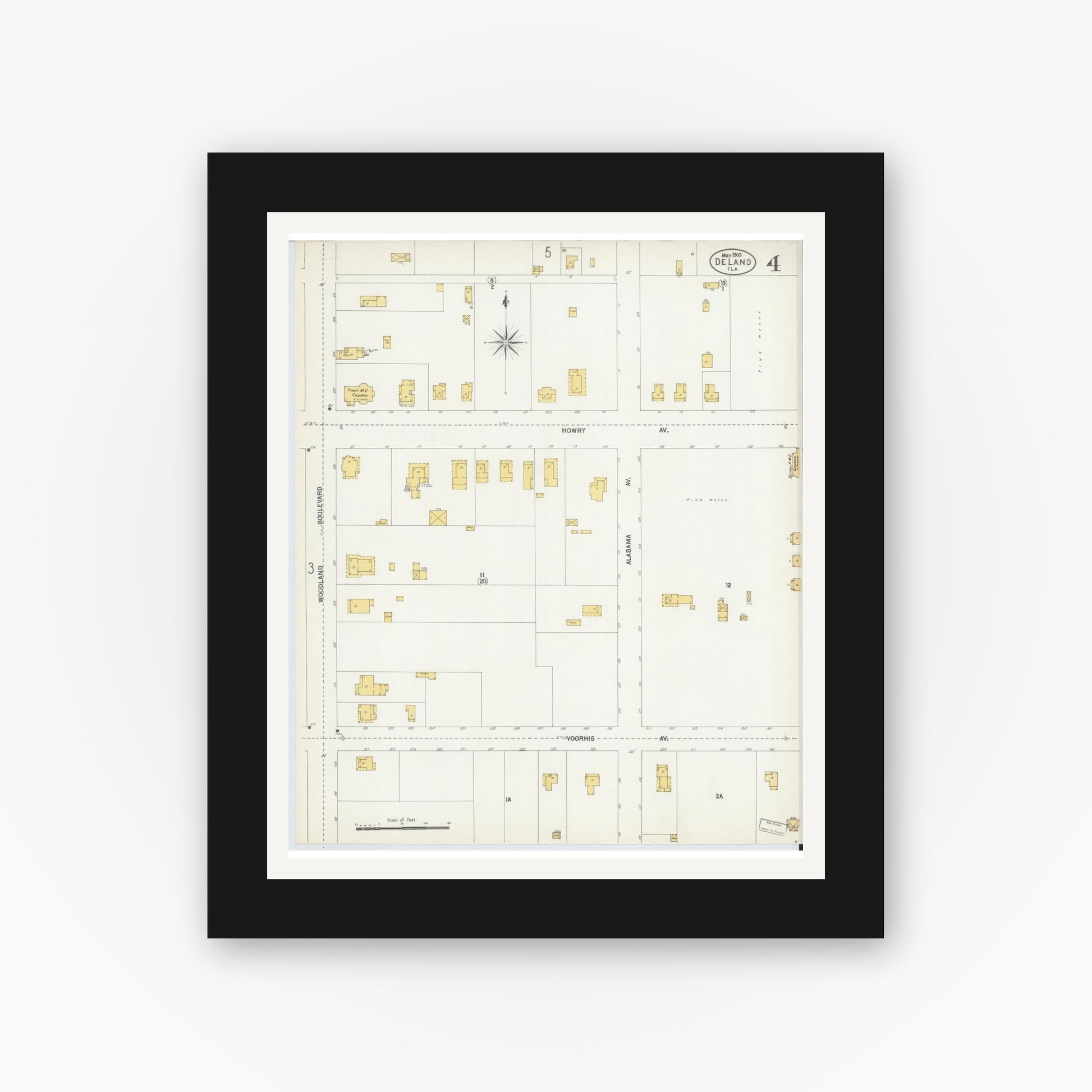 Old map wall art mockup — black gallery frame with white mat — Sanborn Fire Insurance Map from De Land, Volusia County, Florida (1903), Sheet #0004