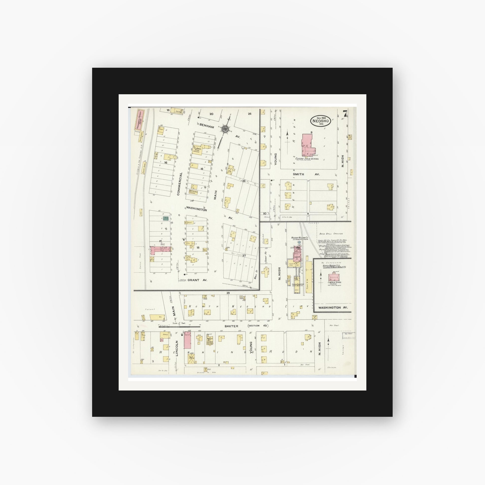 Old map wall art mockup — black gallery frame with white mat — Sanborn Fire Insurance Map from Neosho, Newton County, Missouri (1909), Sheet #0007