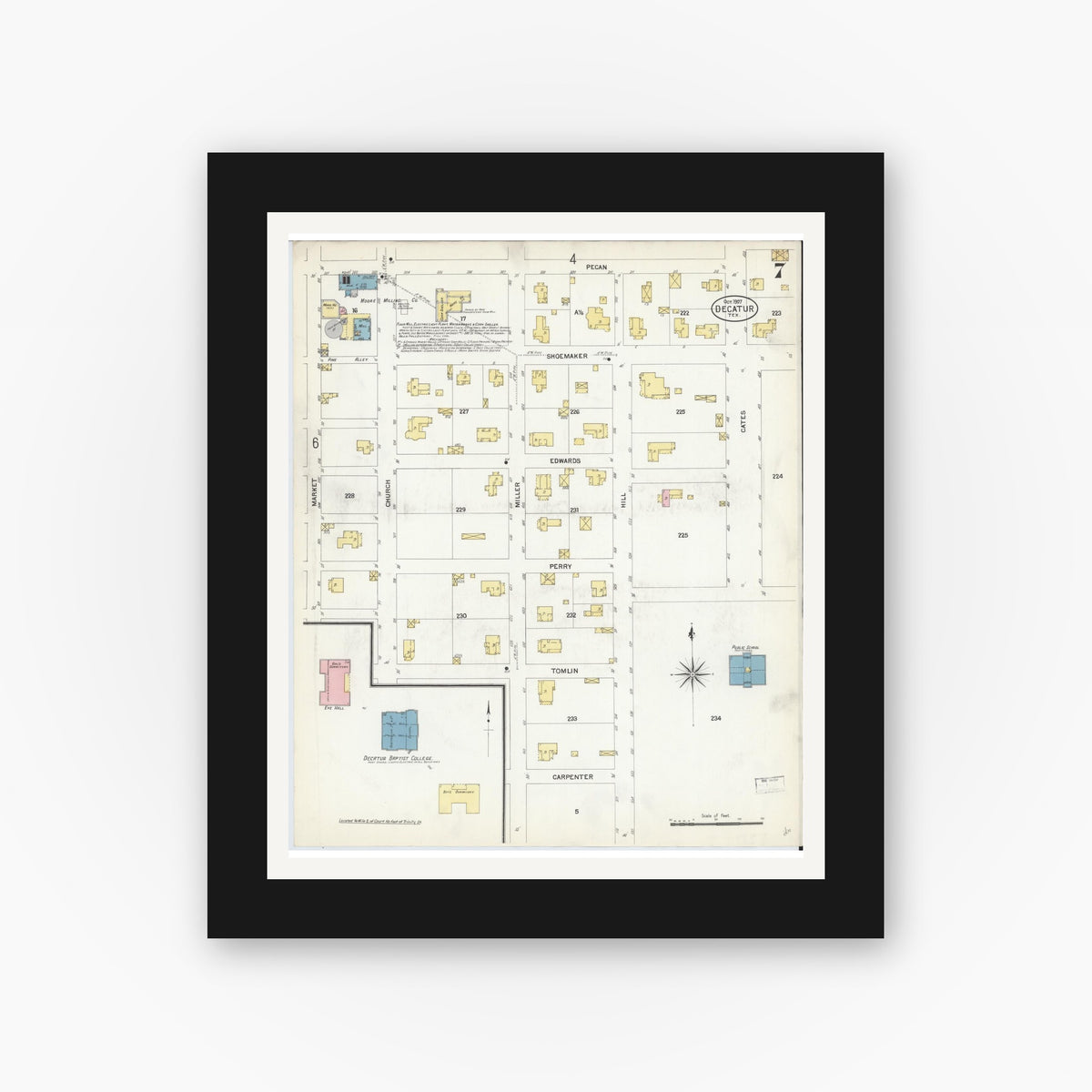 Old map wall art mockup — black gallery frame with white mat — Sanborn Fire Insurance Map from Decatur, Wise County, Texas (1907), Sheet #0007