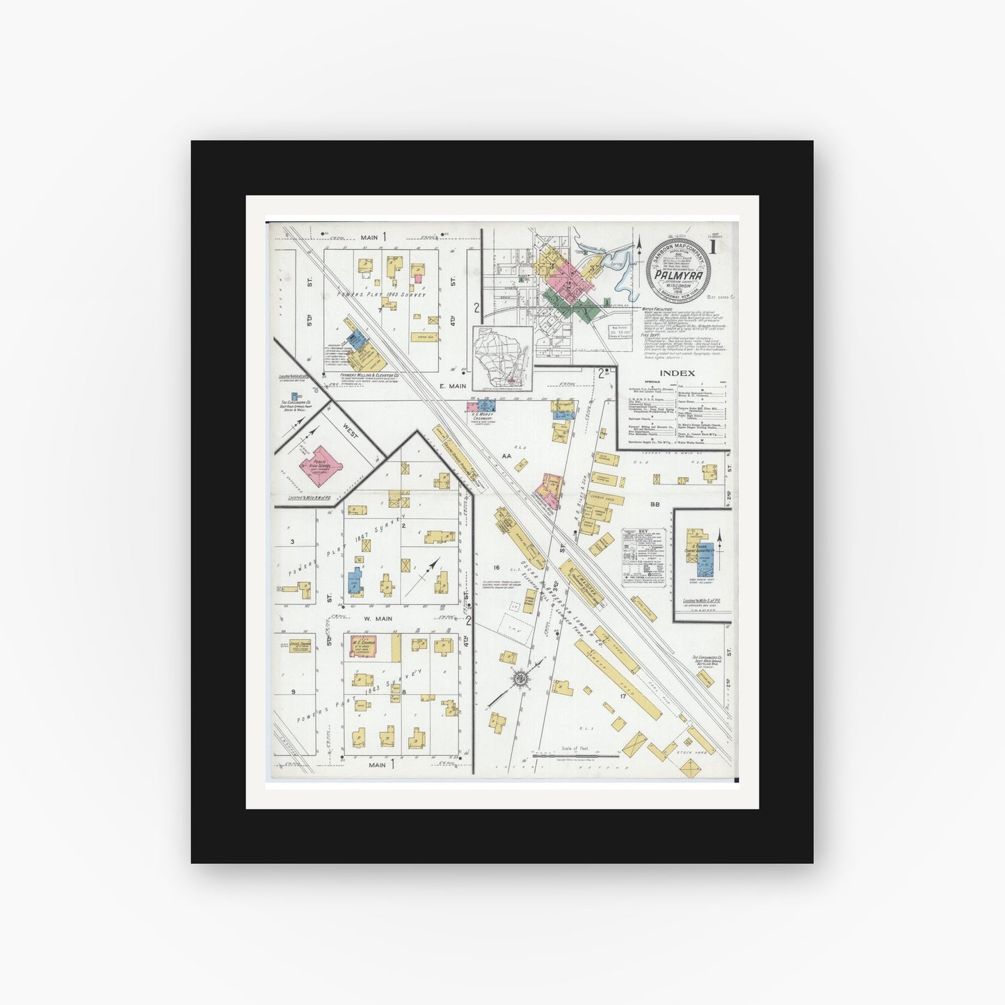 Old map wall art mockup — black gallery frame with white mat — Sanborn Fire Insurance Map from Palmyra, Jefferson County, Wisconsin (1919), Sheet #0001