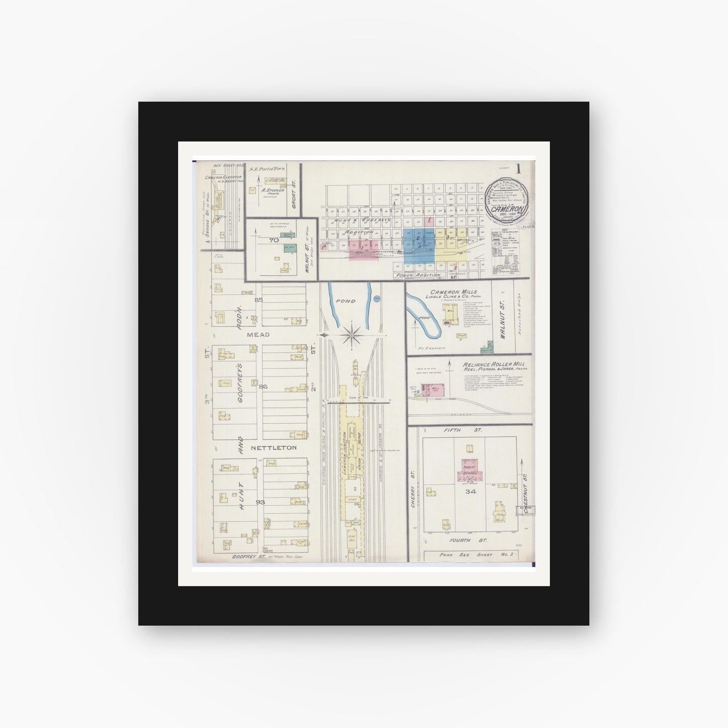 Old map wall art mockup — black gallery frame with white mat — Sanborn Fire Insurance Map from Cameron, Clinton County, Missouri (1885) - Complete Map Set