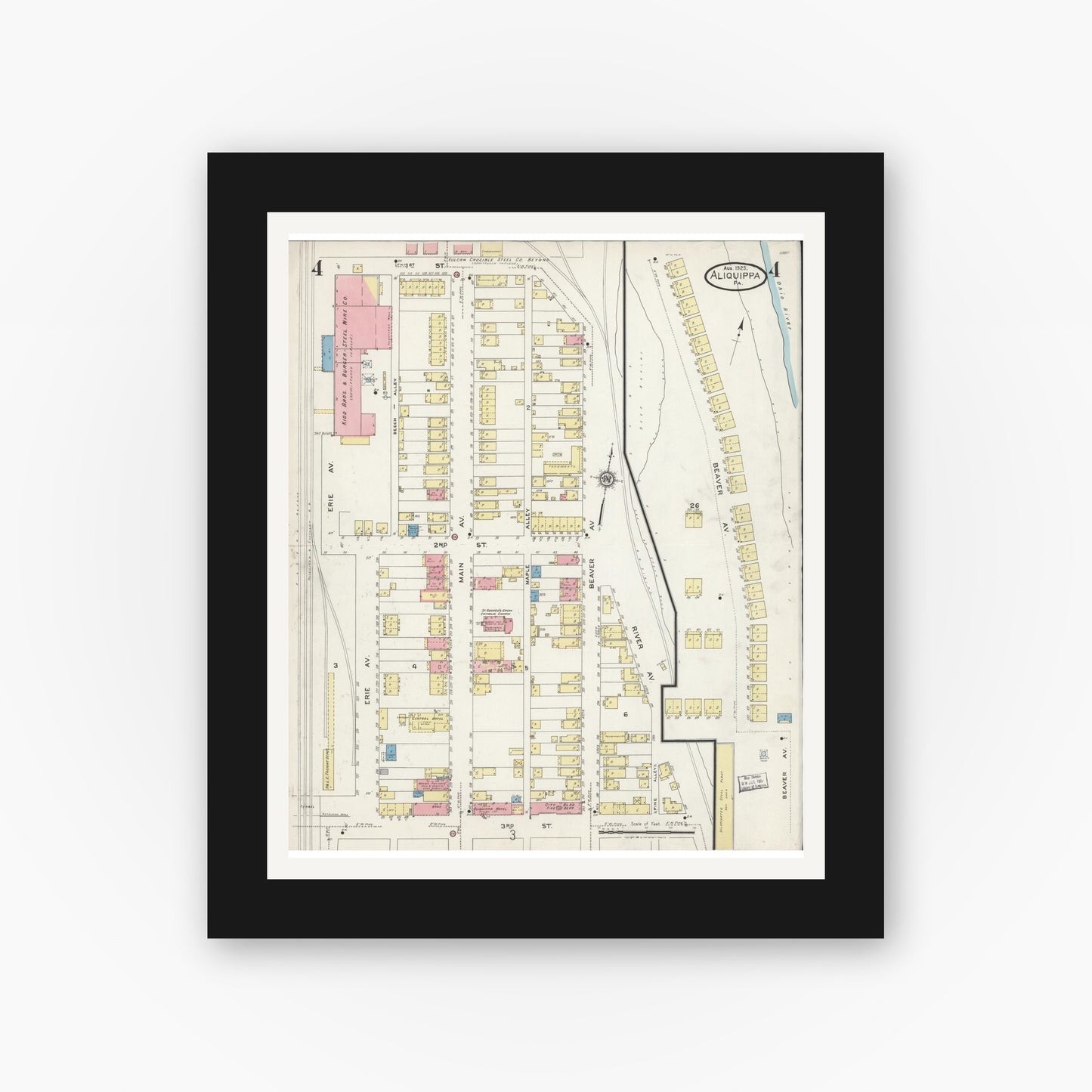 Old map wall art mockup — black gallery frame with white mat — Sanborn Fire Insurance Map from Aliquippa, Beaver County, Pennsylvania (1925), Sheet #0004