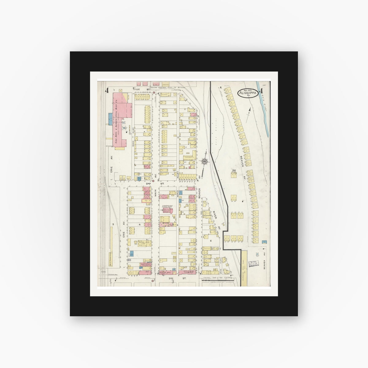 Old map wall art mockup — black gallery frame with white mat — Sanborn Fire Insurance Map from Aliquippa, Beaver County, Pennsylvania (1925), Sheet #0004