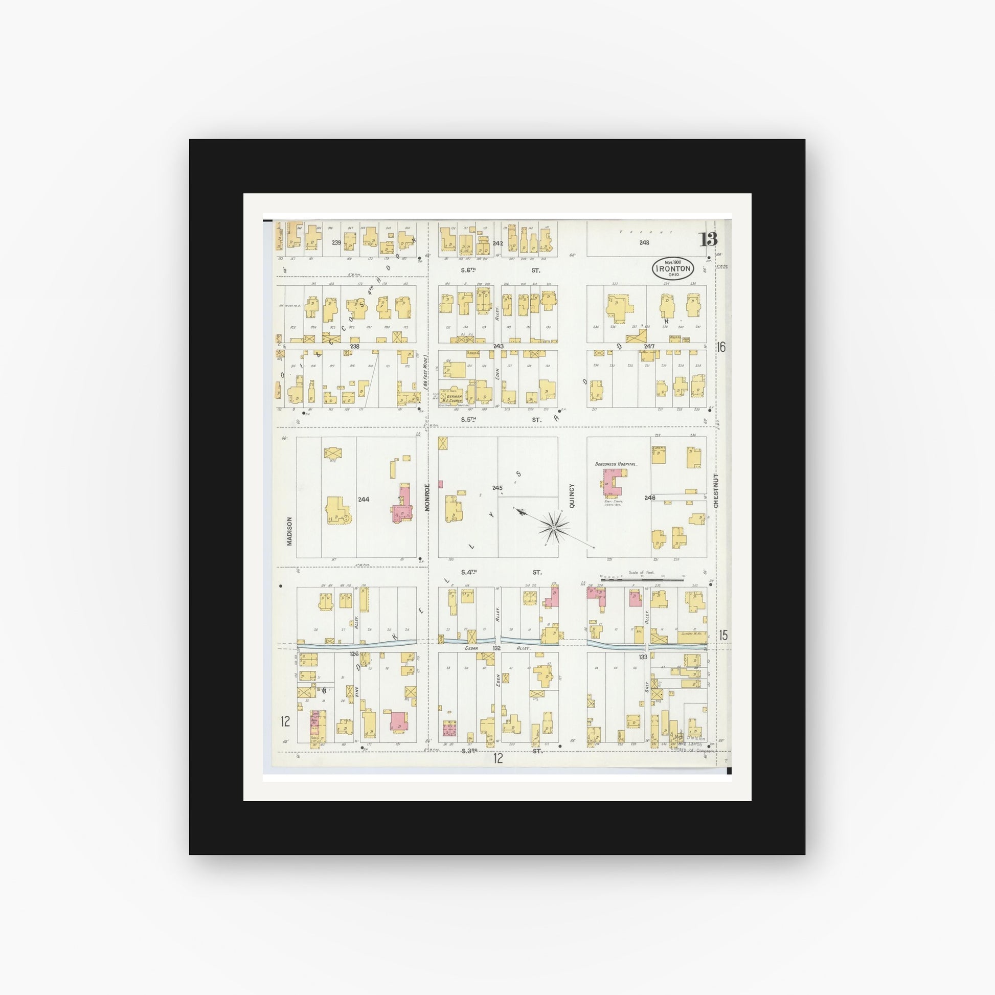 Old map wall art mockup — black gallery frame with white mat — Sanborn Fire Insurance Map from Ironton, Lawrence County, Ohio (1900), Sheet #0013