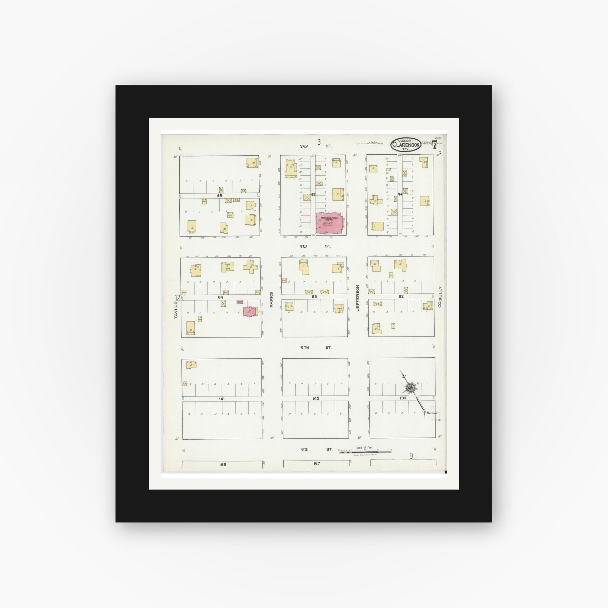 Old map wall art mockup — black gallery frame with white mat — Sanborn Fire Insurance Map from Clarendon, Donley County, Texas (1921), Sheet #0007