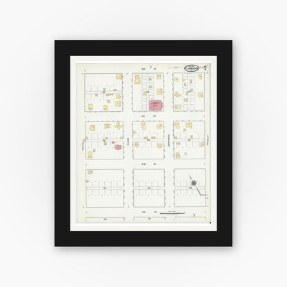 Old map wall art mockup — black gallery frame with white mat — Sanborn Fire Insurance Map from Clarendon, Donley County, Texas (1921), Sheet #0007