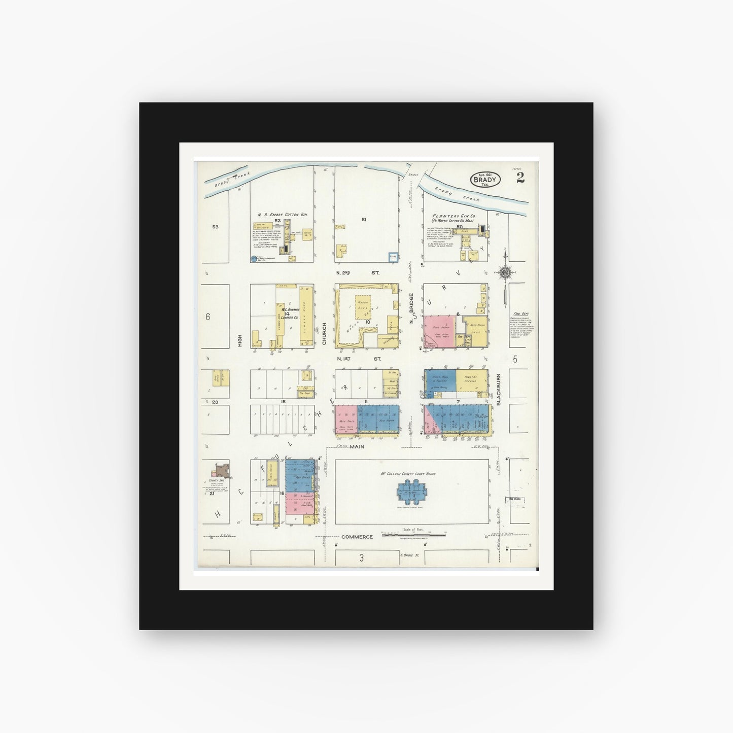 Old map wall art mockup — black gallery frame with white mat — Sanborn Fire Insurance Map from Brady, McCulloch County, Texas (1921), Sheet #0002